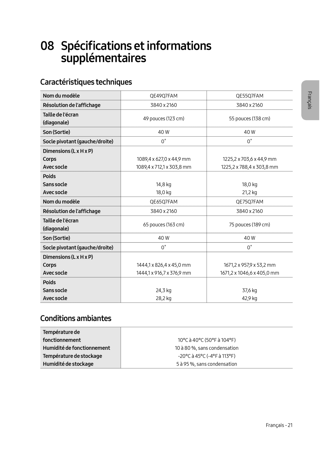 Samsung QE65Q7FAMLXXN, QE75Q7FAMLXXN, QE49Q7FAMLXXN, QE55Q7FAMLXXN manual Caractéristiques techniques, Conditions ambiantes 