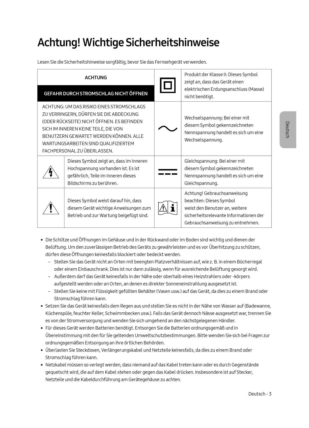 Samsung QE65Q7FAMLXXN, QE75Q7FAMLXXN, QE49Q7FAMLXXN, QE55Q7FAMLXXN manual Achtung! Wichtige Sicherheitshinweise 