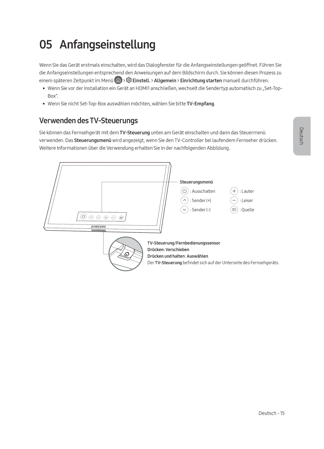 Samsung QE65Q7FAMLXXN, QE75Q7FAMLXXN, QE49Q7FAMLXXN, QE55Q7FAMLXXN manual Anfangseinstellung, Verwenden des TV-Steuerungs 