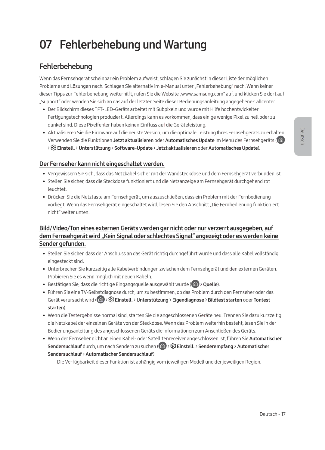 Samsung QE49Q7FAMLXXN, QE75Q7FAMLXXN manual Fehlerbehebung und Wartung, Der Fernseher kann nicht eingeschaltet werden 