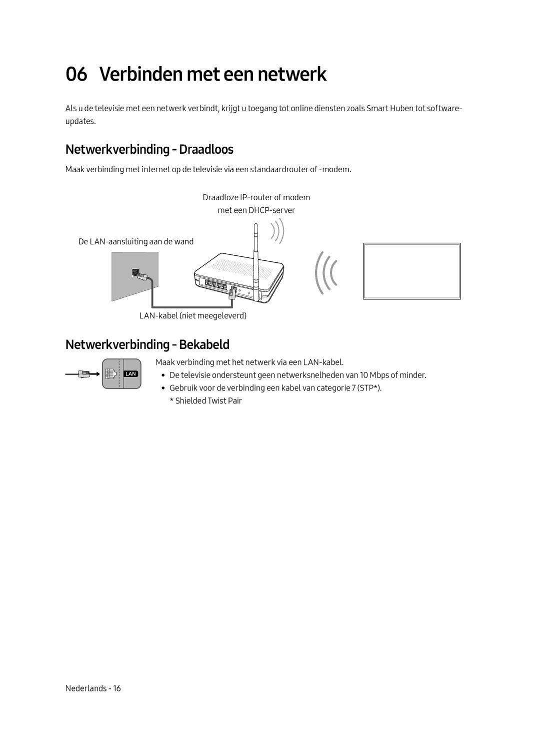 Samsung QE55Q7FAMLXXN, QE75Q7FAMLXXN Verbinden met een netwerk, Netwerkverbinding Draadloos, Netwerkverbinding Bekabeld 