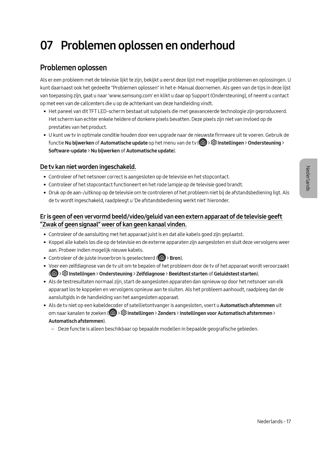 Samsung QE65Q7FAMLXXN, QE75Q7FAMLXXN, QE49Q7FAMLXXN Problemen oplossen en onderhoud, De tv kan niet worden ingeschakeld 