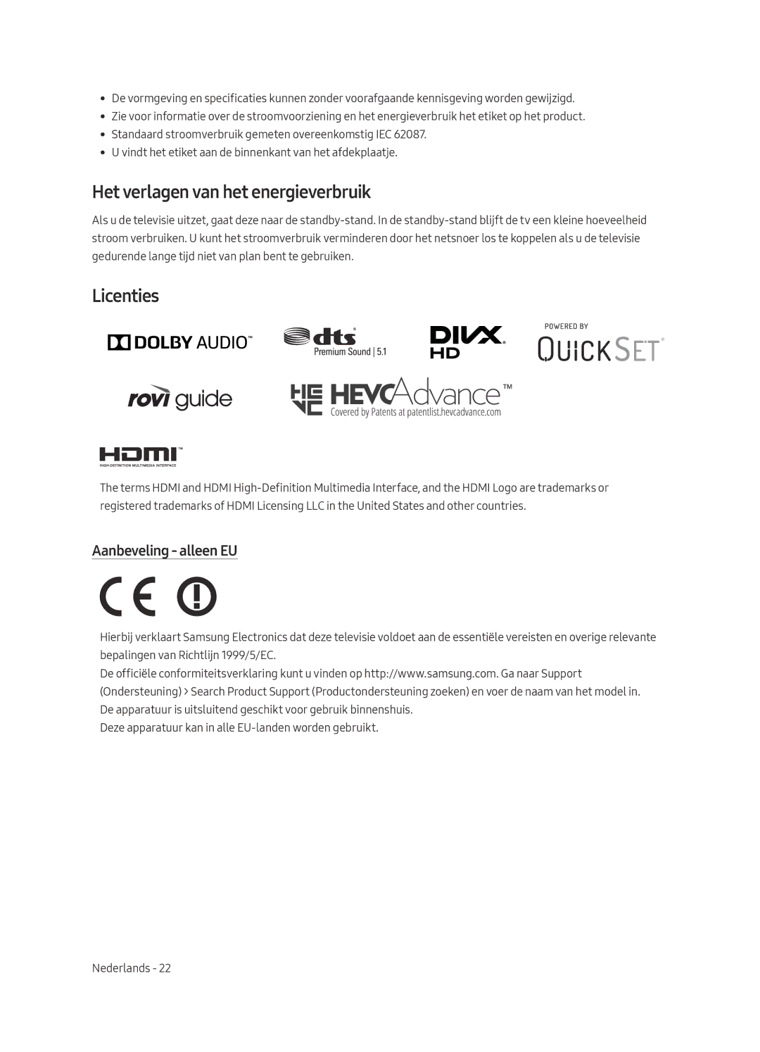 Samsung QE75Q7FAMLXXN, QE49Q7FAMLXXN, QE55Q7FAMLXXN Het verlagen van het energieverbruik, Licenties, Aanbeveling alleen EU 