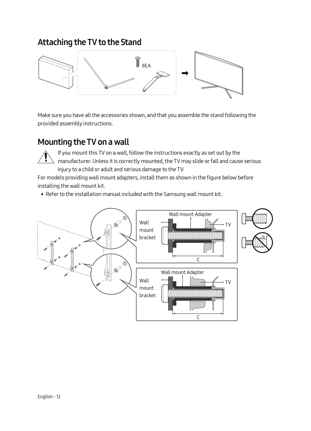 Samsung QE75Q7FAMTXXH, QE55Q7FAMTXXH, QE65Q7FAMTXXH, QE49Q7FAMTXXH Attaching the TV to the Stand, Mounting the TV on a wall 