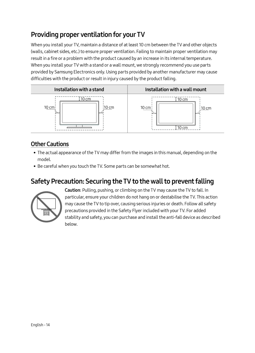 Samsung QE65Q7FAMTXXH, QE75Q7FAMTXXH, QE55Q7FAMTXXH, QE49Q7FAMTXXH Providing proper ventilation for your TV, Other Cautions 