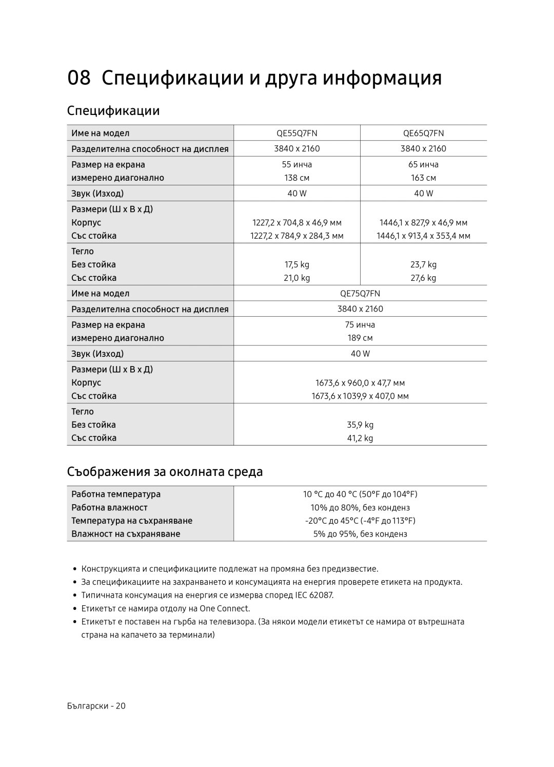 Samsung QE75Q7FNATXXH, QE55Q7FNATXXH, QE65Q7FNATXXH manual 08 Спецификации и друга информация, Съображения за околната среда 