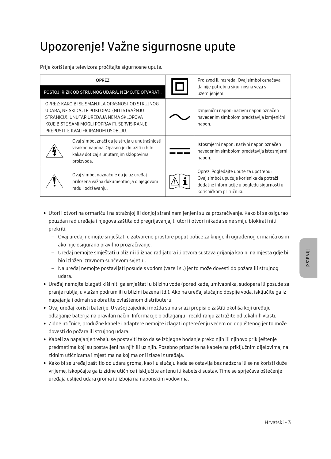 Samsung QE65Q7FNATXXH manual Upozorenje! Važne sigurnosne upute, Prije korištenja televizora pročitajte sigurnosne upute 