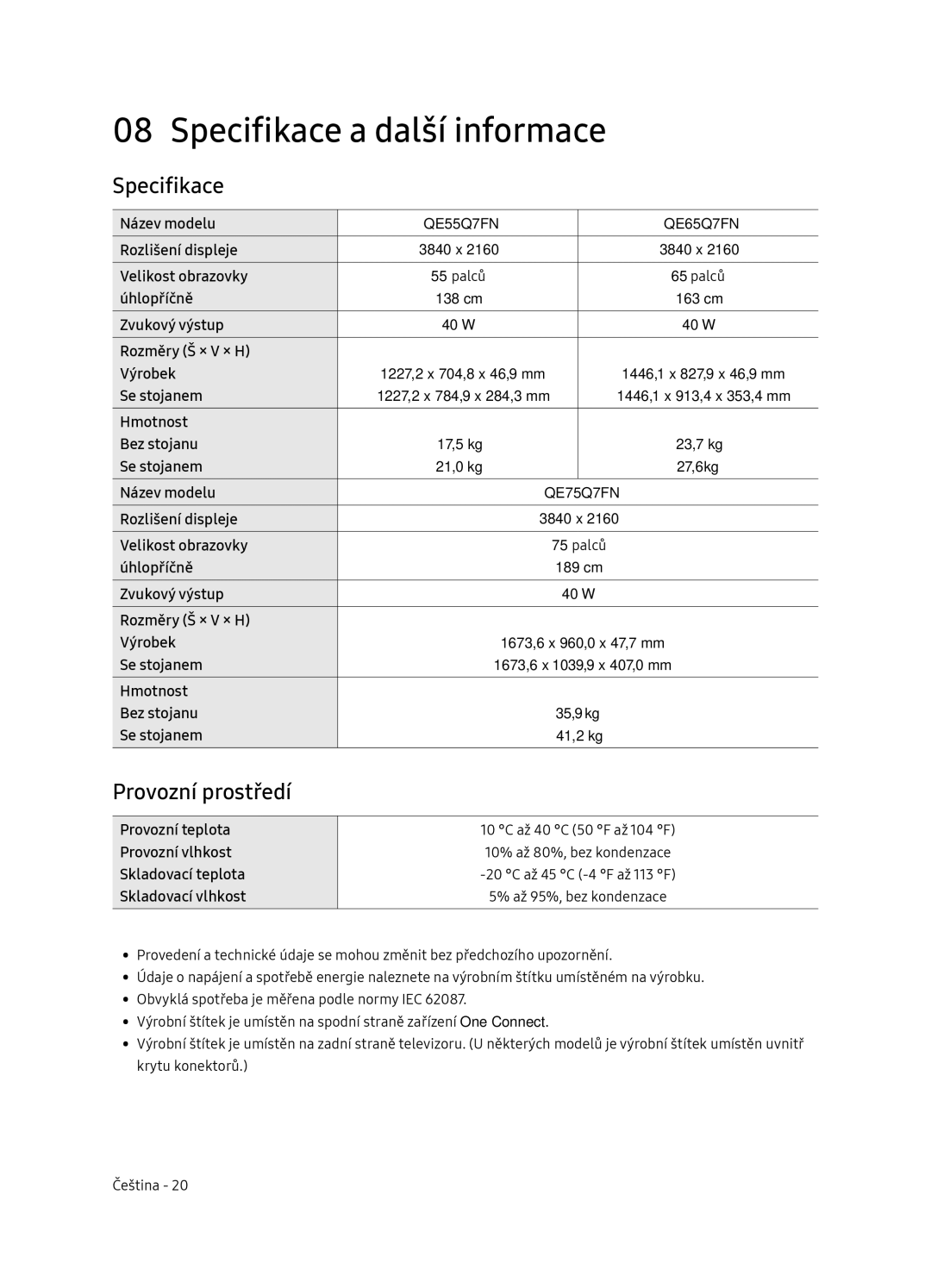 Samsung QE65Q7FNATXXH, QE75Q7FNATXXH, QE55Q7FNATXXH manual Specifikace a další informace, Provozní prostředí 