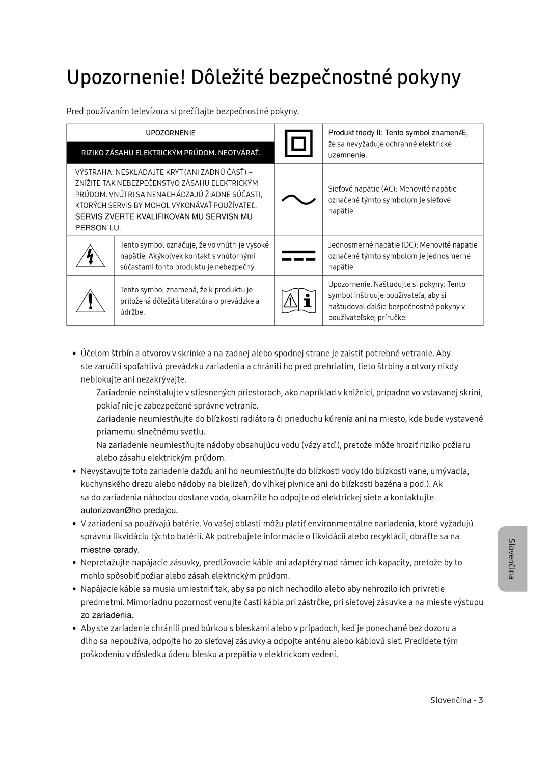 Samsung QE55Q7FNATXXH, QE75Q7FNATXXH, QE65Q7FNATXXH manual Upozornenie! Dôležité bezpečnostné pokyny 