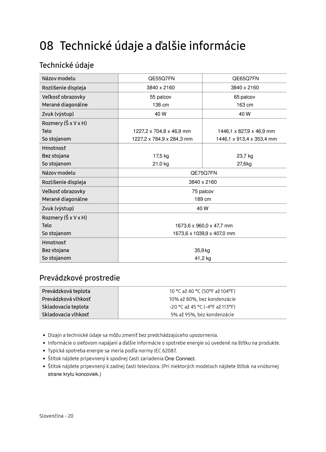 Samsung QE75Q7FNATXXH, QE55Q7FNATXXH, QE65Q7FNATXXH manual Technické údaje a ďalšie informácie, Prevádzkové prostredie 