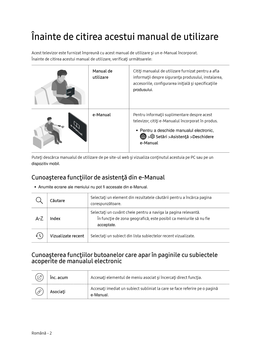 Samsung QE55Q7FNATXXH Înainte de citirea acestui manual de utilizare, Cunoaşterea funcţiilor de asistenţă din e-Manual 