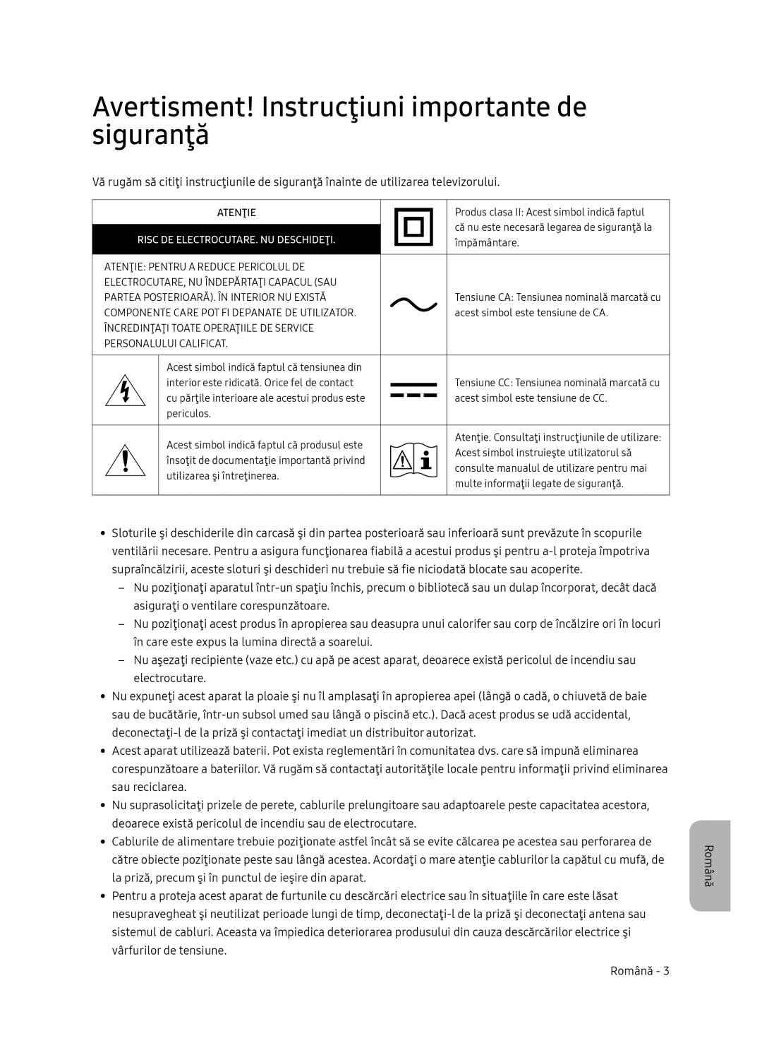 Samsung QE65Q7FNATXXH manual Avertisment! Instrucţiuni importante de siguranţă, Risc DE ELECTROCUTARE. NU Deschideţi 