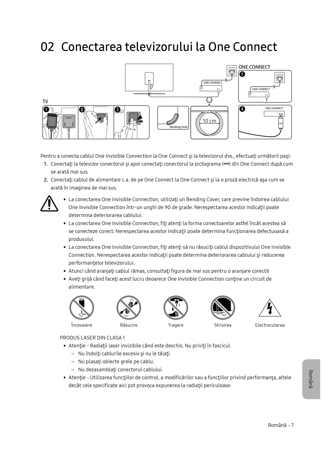 Samsung QE75Q7FNATXXH, QE55Q7FNATXXH, QE65Q7FNATXXH manual Conectarea televizorului la One Connect, Produs Laser DIN Clasa 