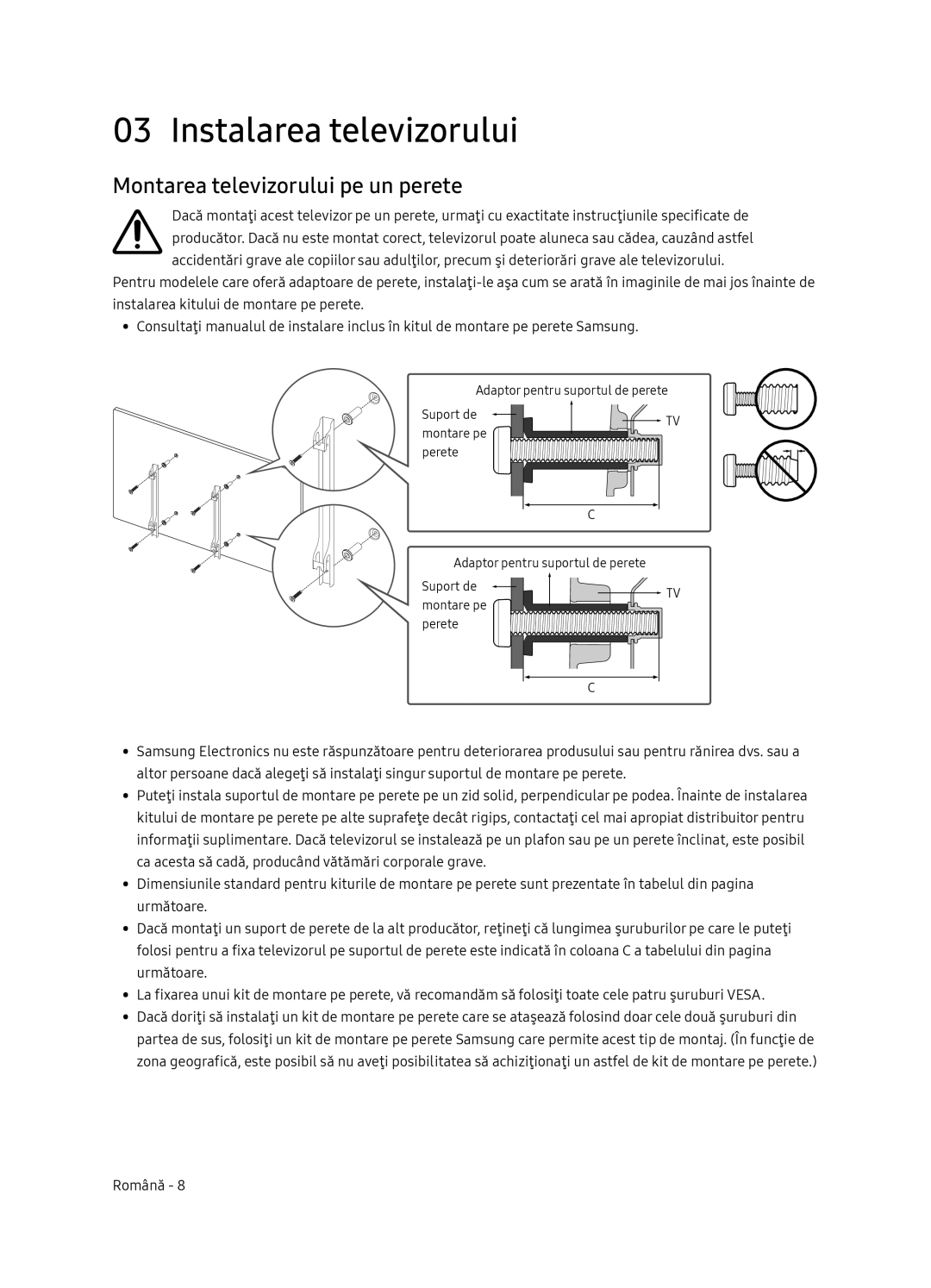 Samsung QE55Q7FNATXXH, QE75Q7FNATXXH, QE65Q7FNATXXH manual Instalarea televizorului, Montarea televizorului pe un perete 