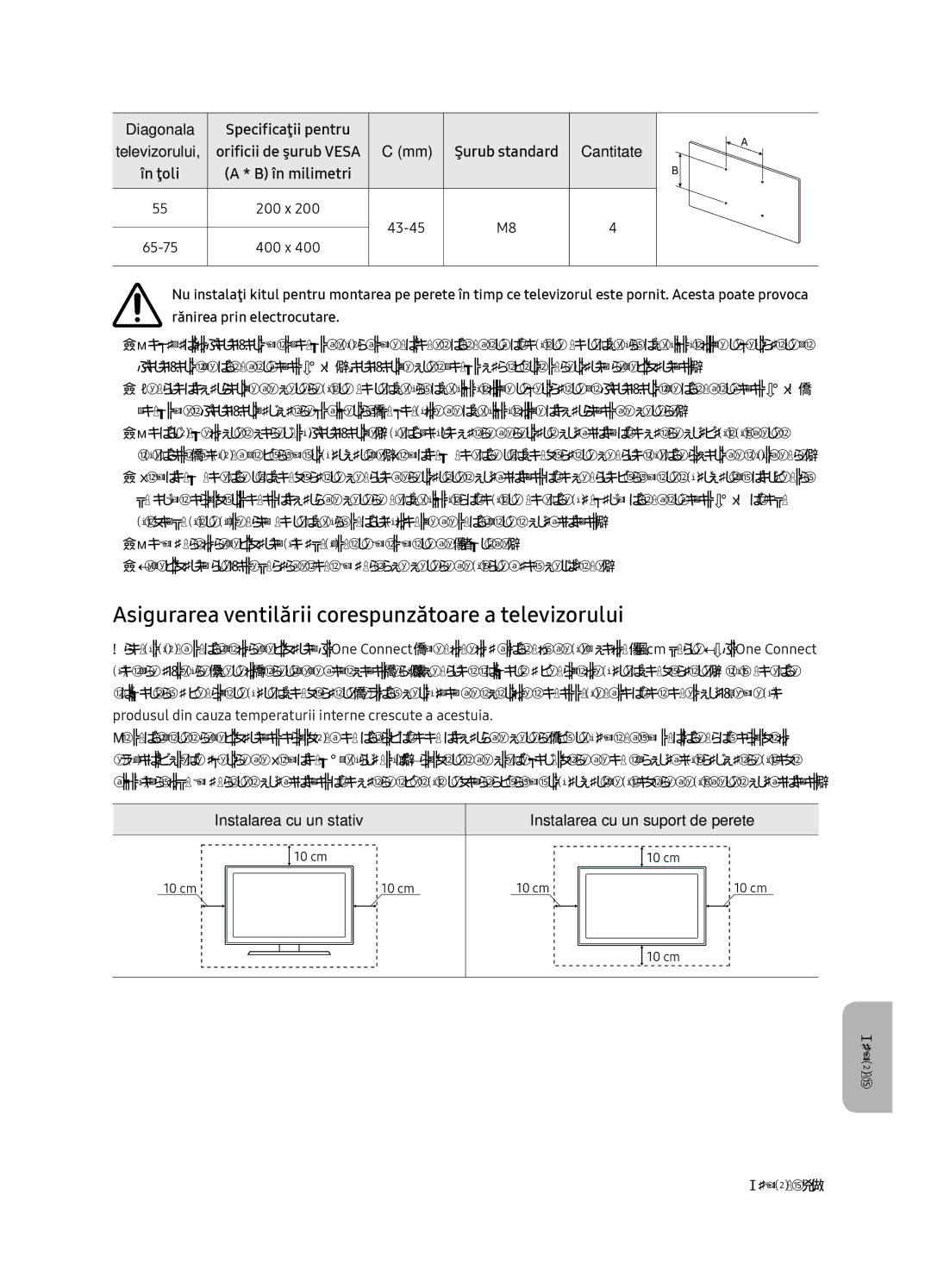 Samsung QE65Q7FNATXXH manual Asigurarea ventilării corespunzătoare a televizorului, În ţoli, Instalarea cu un stativ 