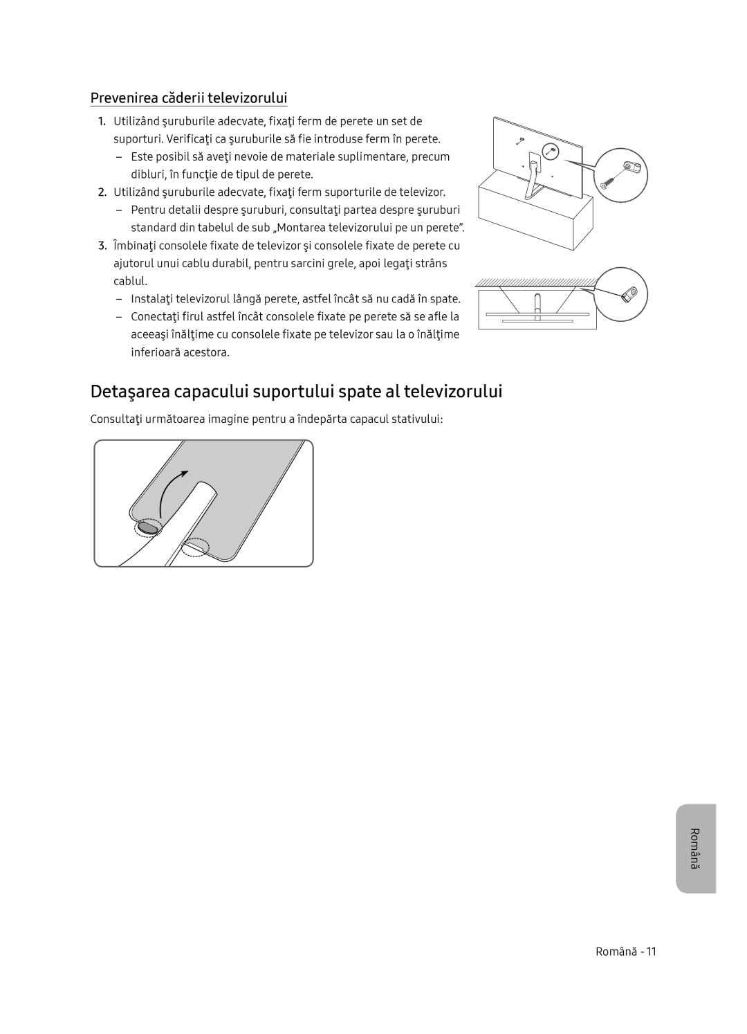 Samsung QE55Q7FNATXXH manual Detaşarea capacului suportului spate al televizorului, Prevenirea căderii televizorului 