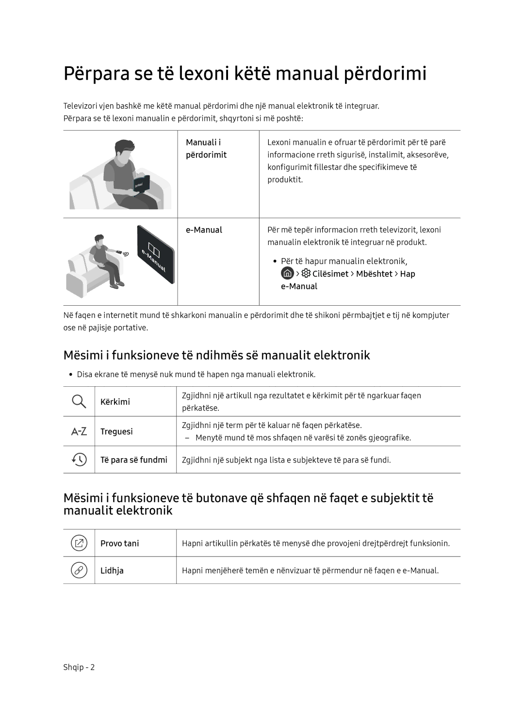 Samsung QE75Q7FNATXXH Përpara se të lexoni këtë manual përdorimi, Mësimi i funksioneve të ndihmës së manualit elektronik 