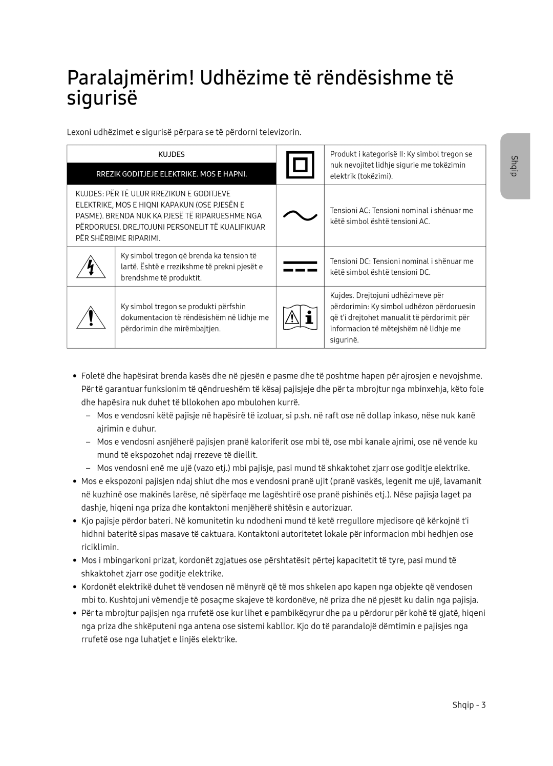 Samsung QE55Q7FNATXXH manual Paralajmërim! Udhëzime të rëndësishme të sigurisë, Rrezik Goditjeje ELEKTRIKE. MOS E Hapni 