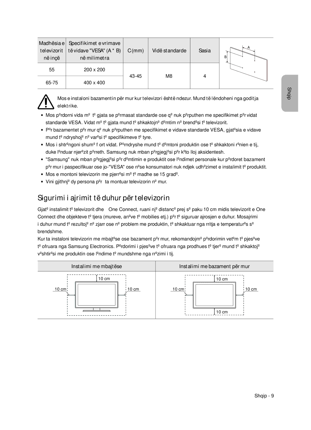 Samsung QE55Q7FNATXXH manual Sigurimi i ajrimit të duhur për televizorin, Madhësia e Specifikimet e vrimave, Elektrike 