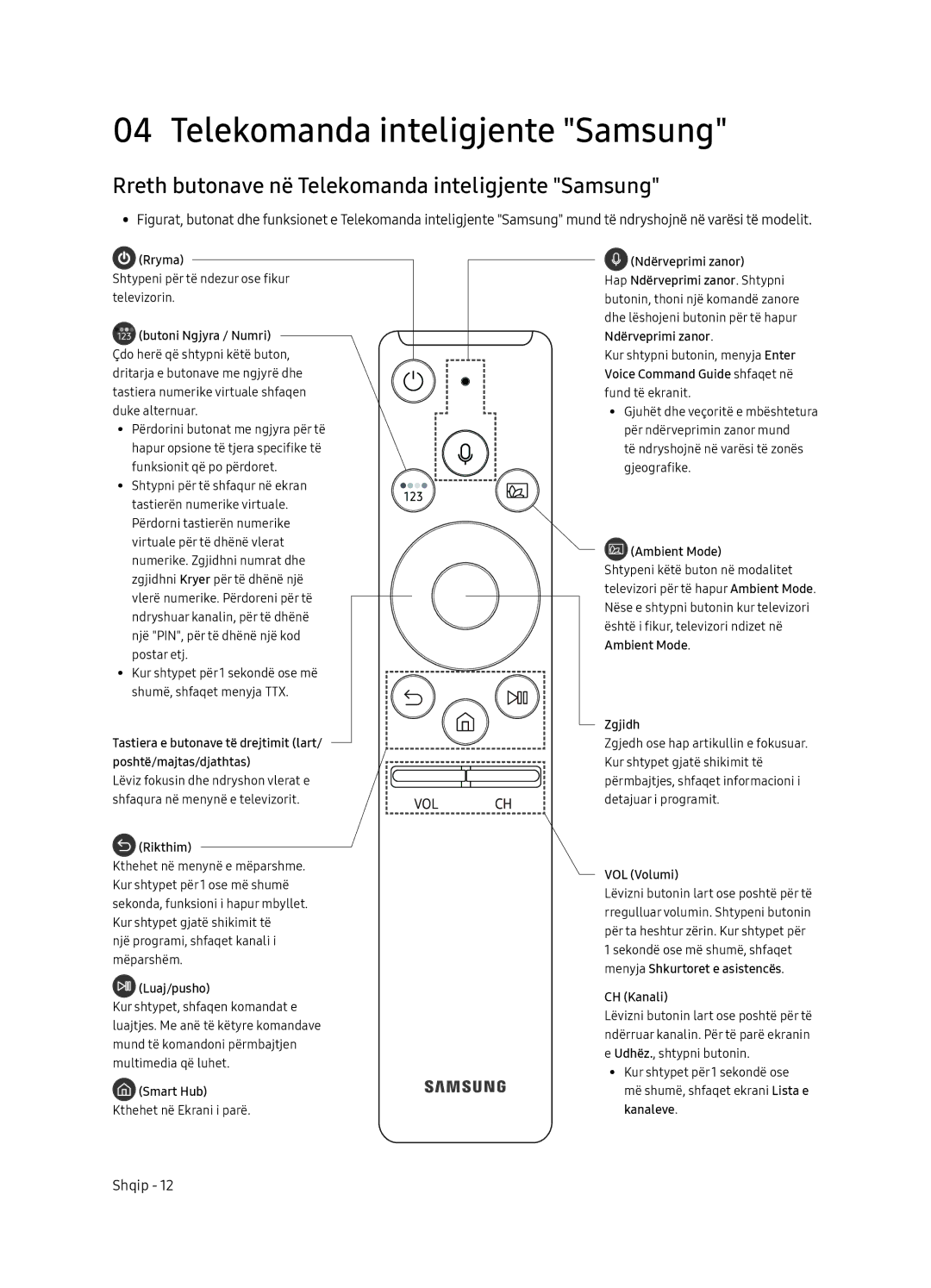 Samsung QE55Q7FNATXXH, QE75Q7FNATXXH, QE65Q7FNATXXH manual Rreth butonave në Telekomanda inteligjente Samsung 