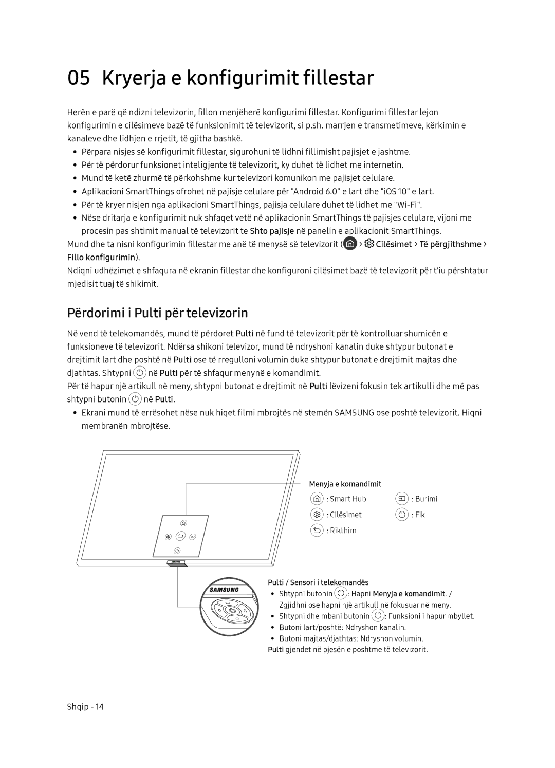 Samsung QE75Q7FNATXXH manual Kryerja e konfigurimit fillestar, Përdorimi i Pulti për televizorin, Fillo konfigurimin 