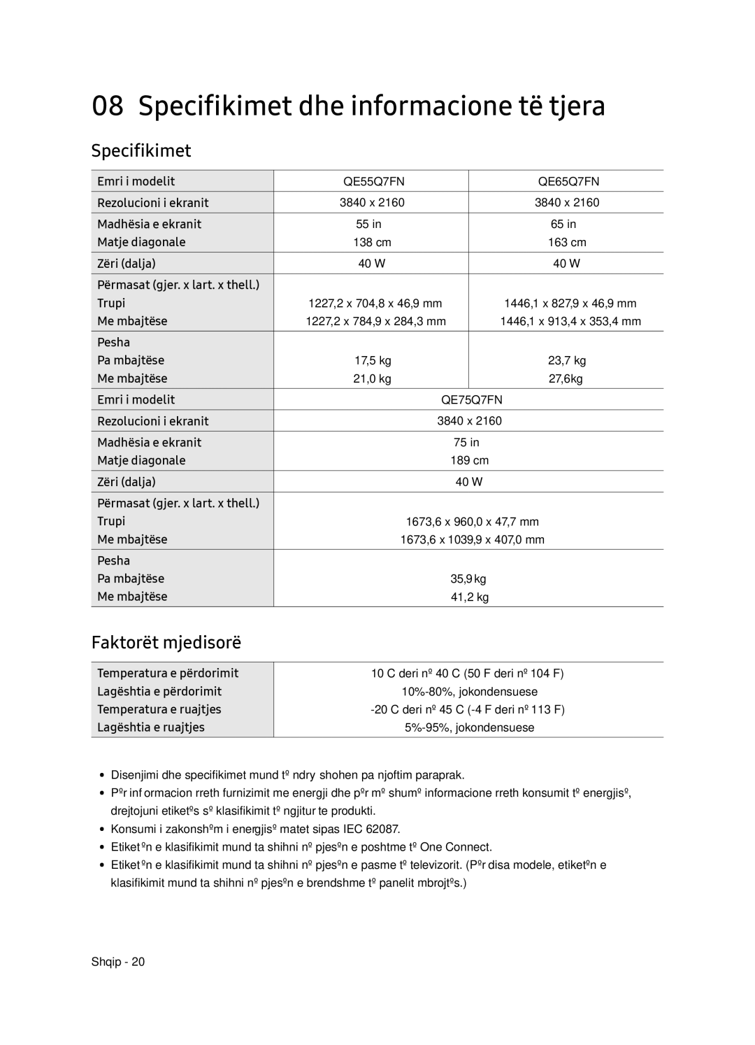 Samsung QE75Q7FNATXXH, QE55Q7FNATXXH, QE65Q7FNATXXH manual Specifikimet dhe informacione të tjera, Faktorët mjedisorë 