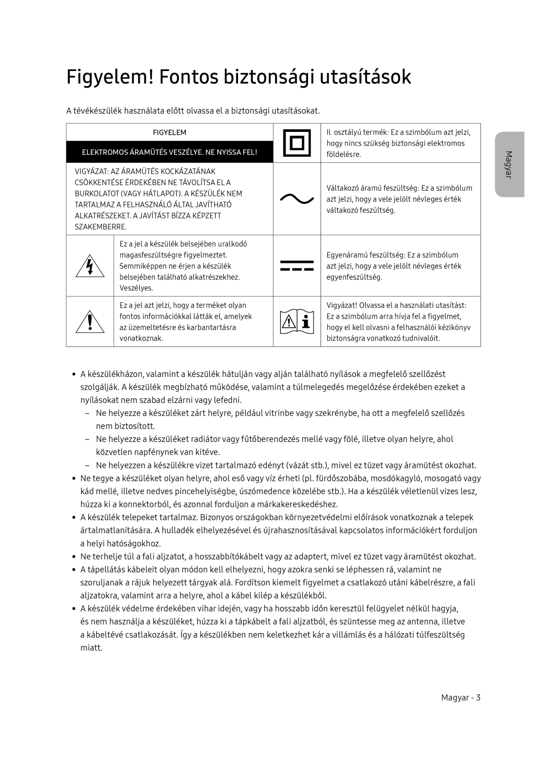 Samsung QE55Q7FNATXXH, QE75Q7FNATXXH, QE65Q7FNATXXH manual Figyelem! Fontos biztonsági utasítások 