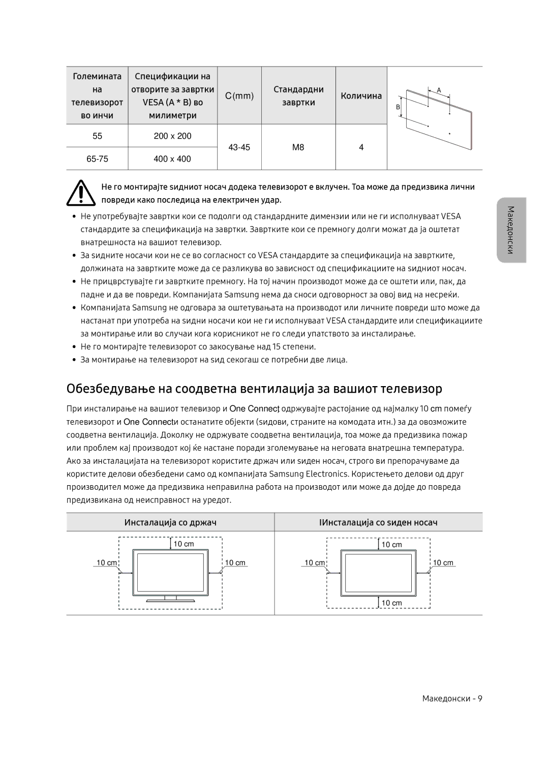 Samsung QE65Q7FNATXXH, QE75Q7FNATXXH, QE55Q7FNATXXH Обезбедување на соодветна вентилација за вашиот телевизор, Милиметри 