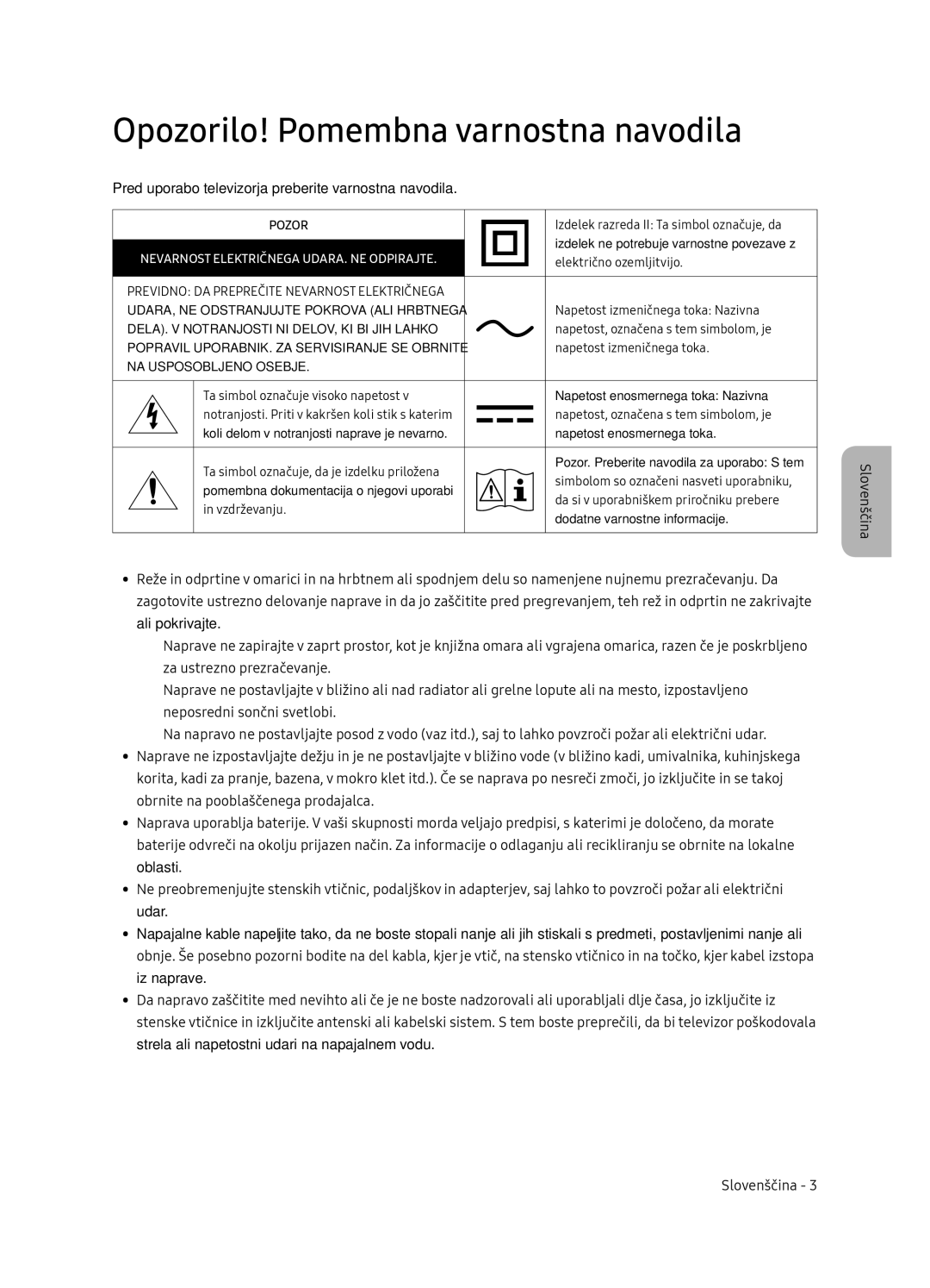 Samsung QE75Q7FNATXXH manual Opozorilo! Pomembna varnostna navodila, Pred uporabo televizorja preberite varnostna navodila 