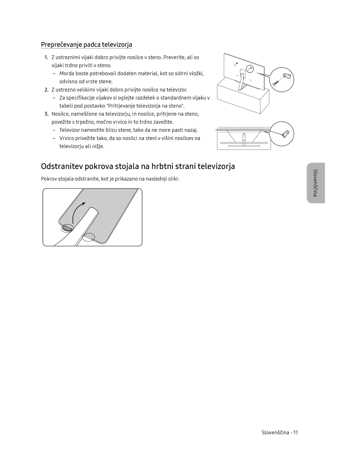 Samsung QE65Q7FNATXXH manual Odstranitev pokrova stojala na hrbtni strani televizorja, Preprečevanje padca televizorja 