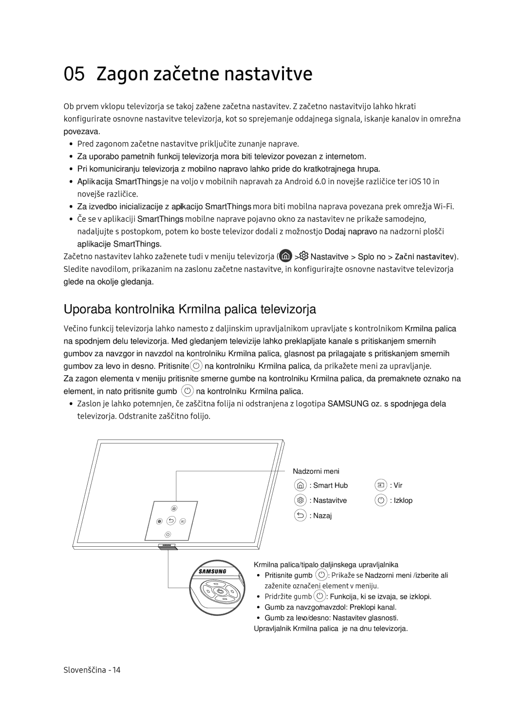 Samsung QE65Q7FNATXXH Zagon začetne nastavitve, Uporaba kontrolnika Krmilna palica televizorja, Nadzorni meni Smart Hub 