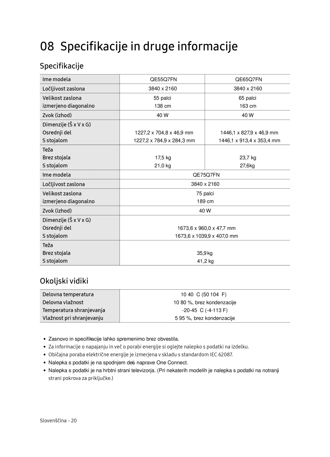 Samsung QE65Q7FNATXXH, QE75Q7FNATXXH, QE55Q7FNATXXH manual Specifikacije in druge informacije, Okoljski vidiki 