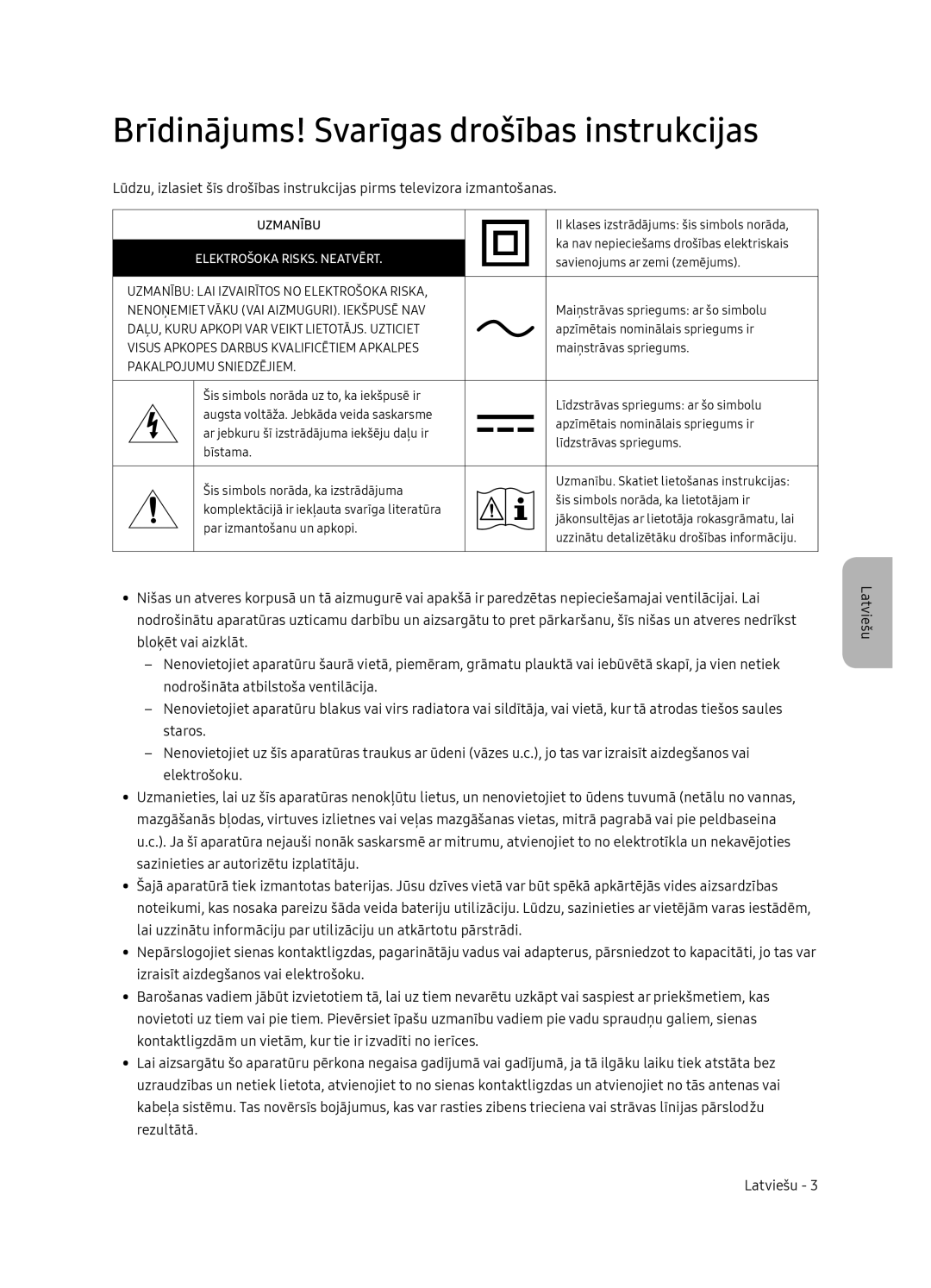 Samsung QE55Q7FNATXXH, QE75Q7FNATXXH manual Brīdinājums! Svarīgas drošības instrukcijas, Elektrošoka RISKS. Neatvērt 