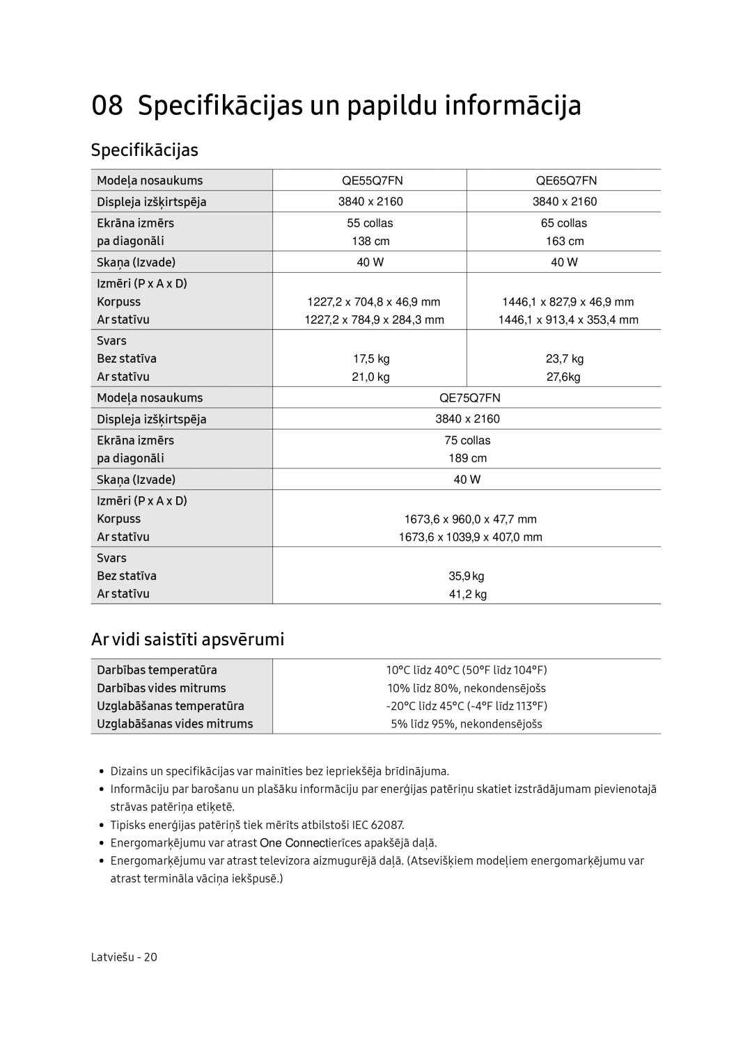 Samsung QE75Q7FNATXXH, QE55Q7FNATXXH, QE65Q7FNATXXH manual Specifikācijas un papildu informācija, Ar vidi saistīti apsvērumi 