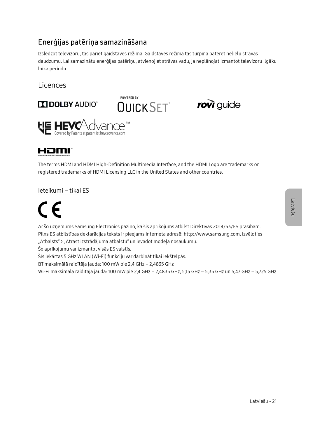 Samsung QE55Q7FNATXXH, QE75Q7FNATXXH, QE65Q7FNATXXH manual Enerģijas patēriņa samazināšana, Ieteikumi tikai ES 