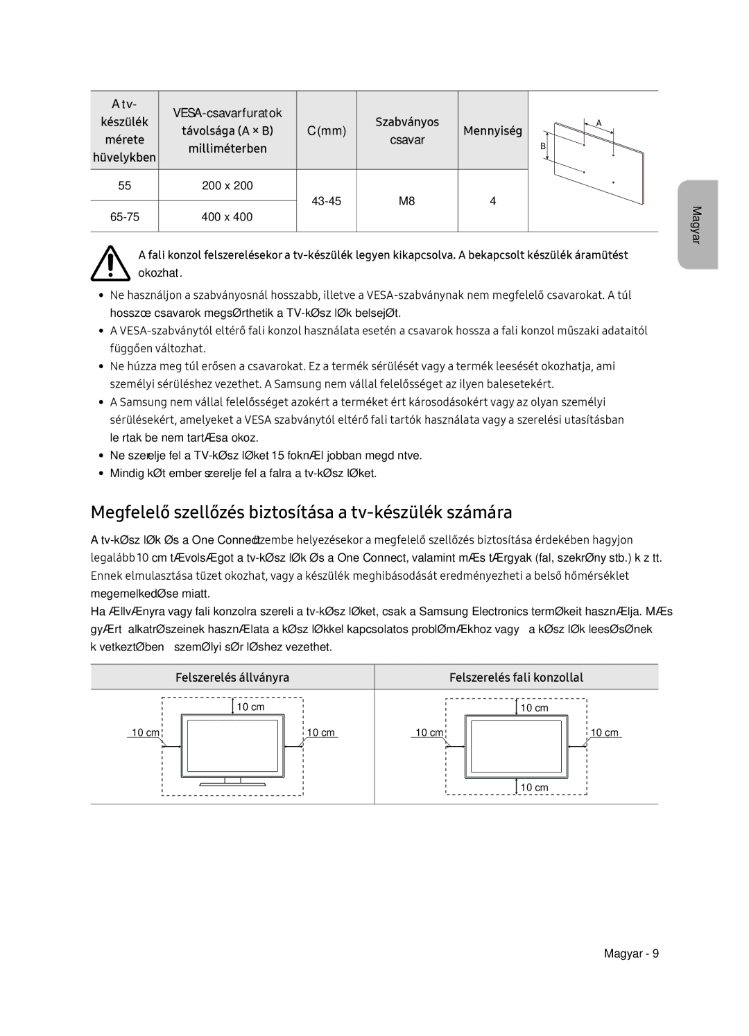 Samsung QE55Q7FNATXXH, QE75Q7FNATXXH manual Megfelelő szellőzés biztosítása a tv-készülék számára, Milliméterben Hüvelykben 