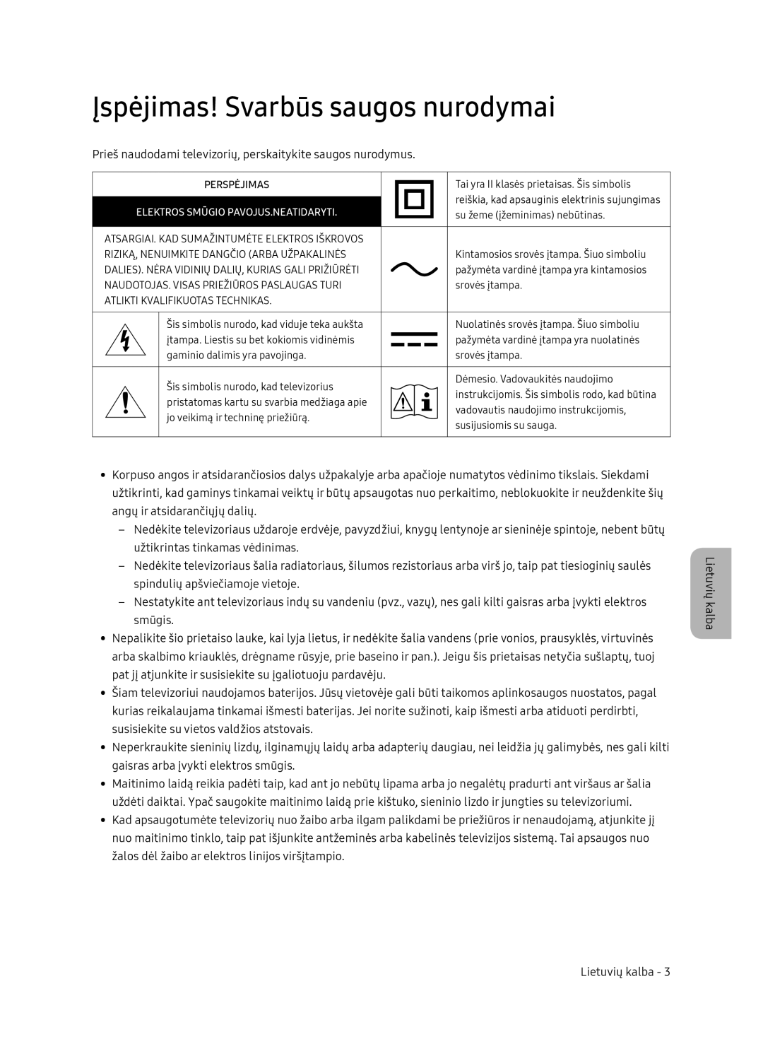 Samsung QE65Q7FNATXXH Įspėjimas! Svarbūs saugos nurodymai, Prieš naudodami televizorių, perskaitykite saugos nurodymus 