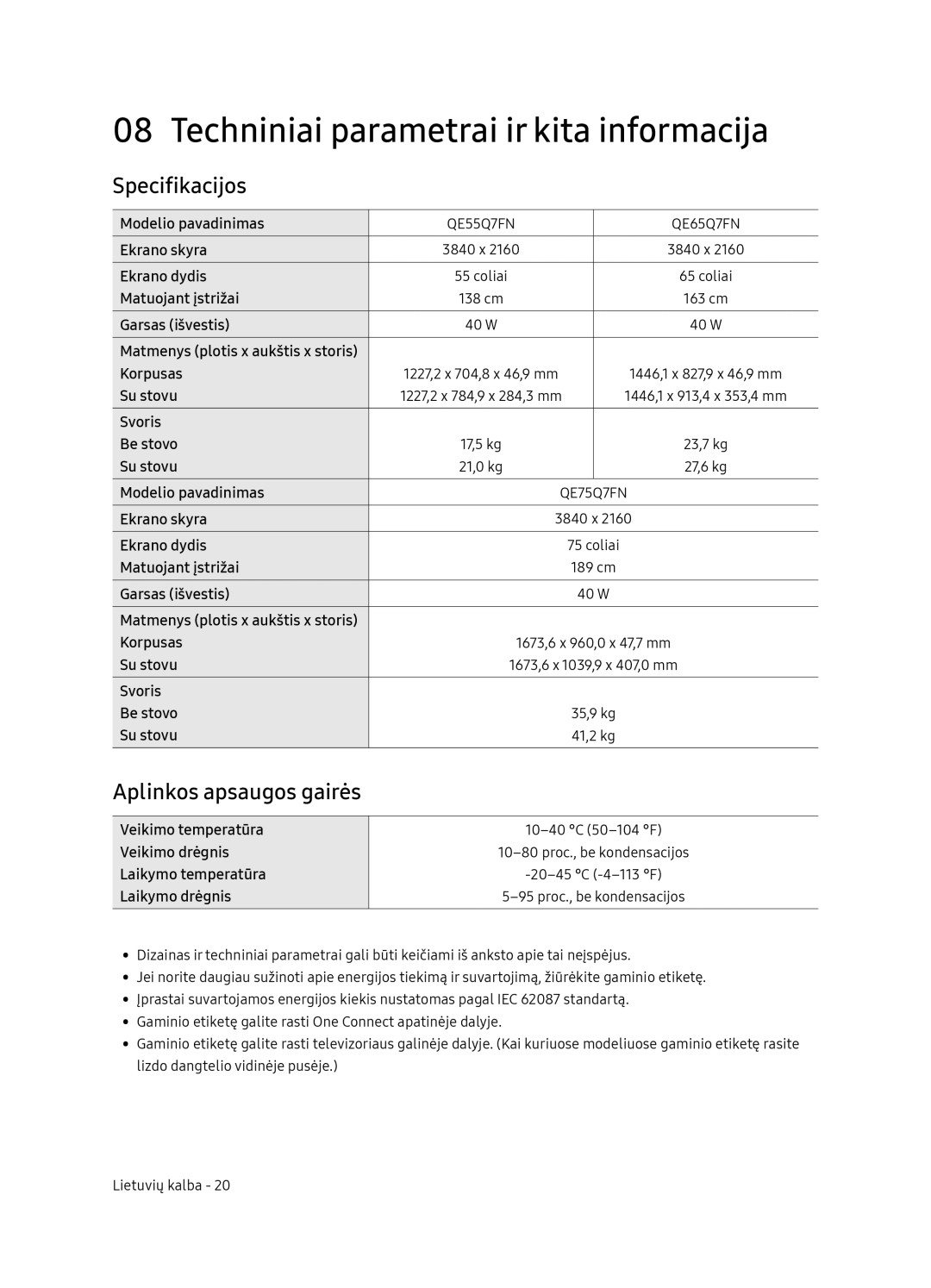 Samsung QE55Q7FNATXXH, QE75Q7FNATXXH Techniniai parametrai ir kita informacija, Specifikacijos, Aplinkos apsaugos gairės 