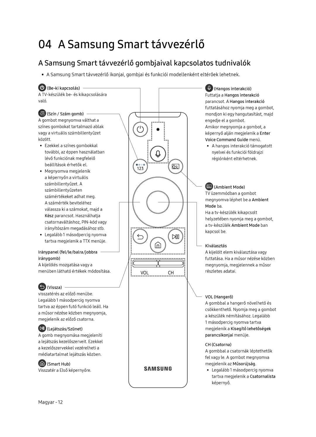 Samsung QE55Q7FNATXXH, QE75Q7FNATXXH, QE65Q7FNATXXH manual Samsung Smart távvezérlő gombjaival kapcsolatos tudnivalók 