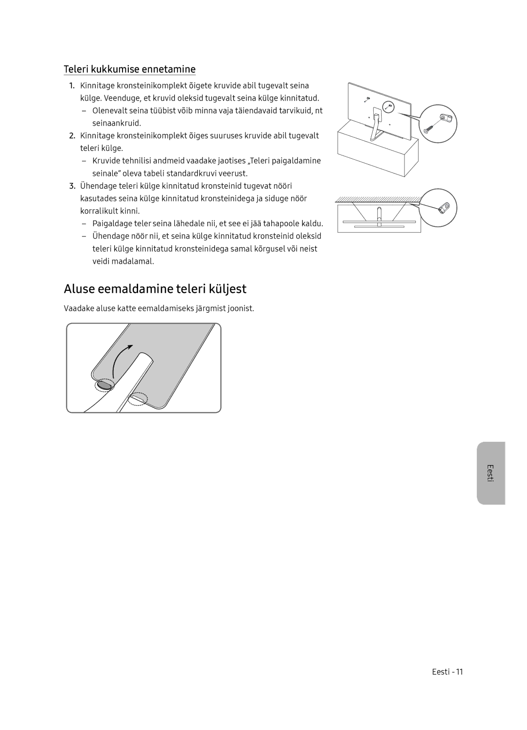 Samsung QE65Q7FNATXXH, QE75Q7FNATXXH, QE55Q7FNATXXH manual Aluse eemaldamine teleri küljest, Teleri kukkumise ennetamine 