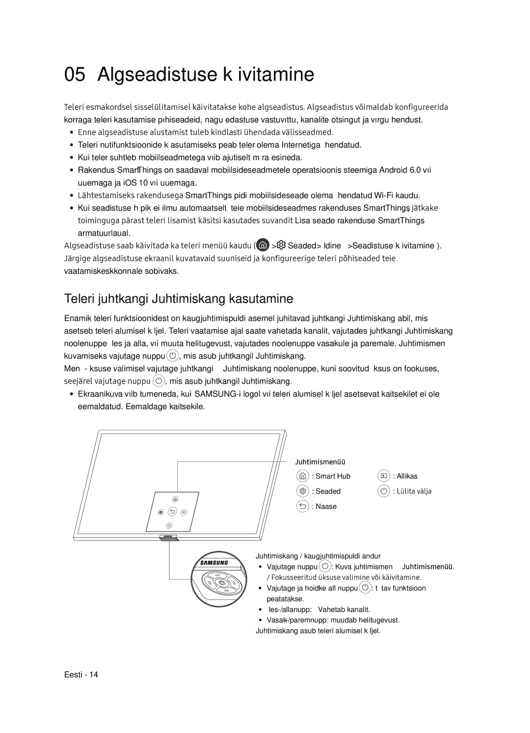 Samsung QE65Q7FNATXXH, QE75Q7FNATXXH Algseadistuse käivitamine, Teleri juhtkangi Juhtimiskang kasutamine, Juhtimismenüü 