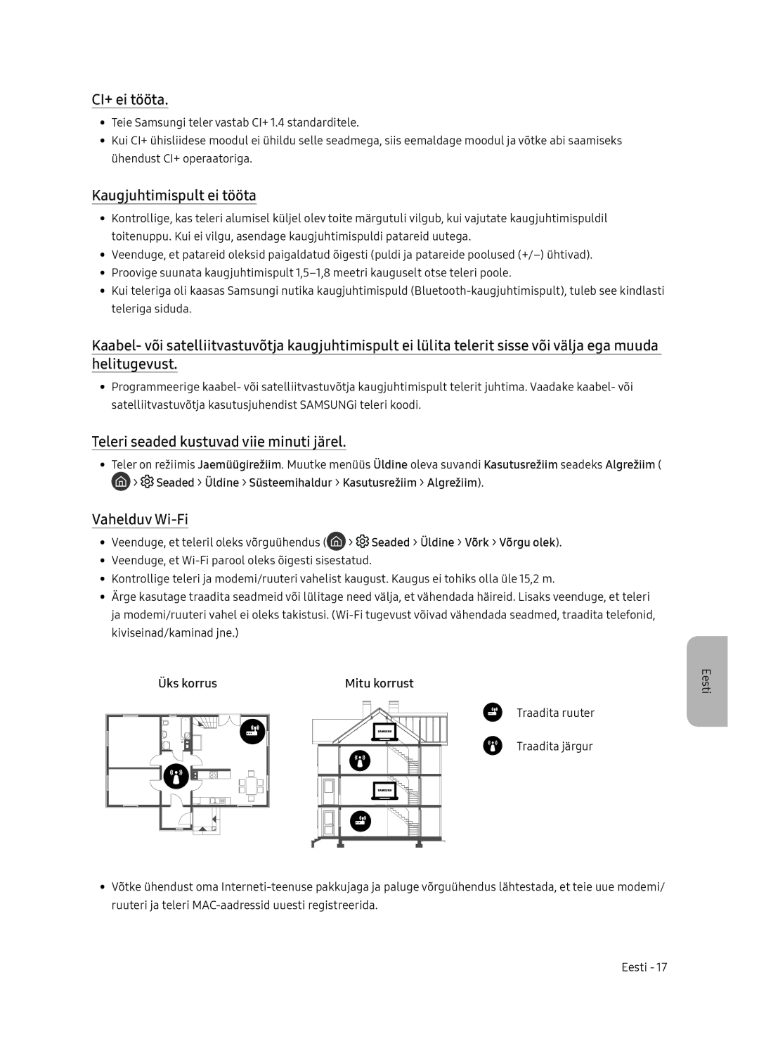 Samsung QE65Q7FNATXXH CI+ ei tööta, Kaugjuhtimispult ei tööta, Teleri seaded kustuvad viie minuti järel, Vahelduv Wi-Fi 