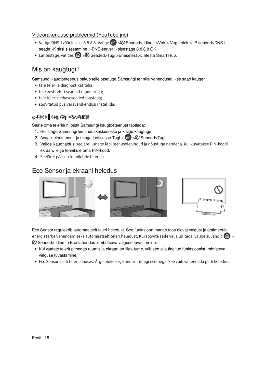 Samsung QE75Q7FNATXXH manual Mis on kaugtugi?, Eco Sensor ja ekraani heledus, Videorakenduse probleemid YouTube jne 