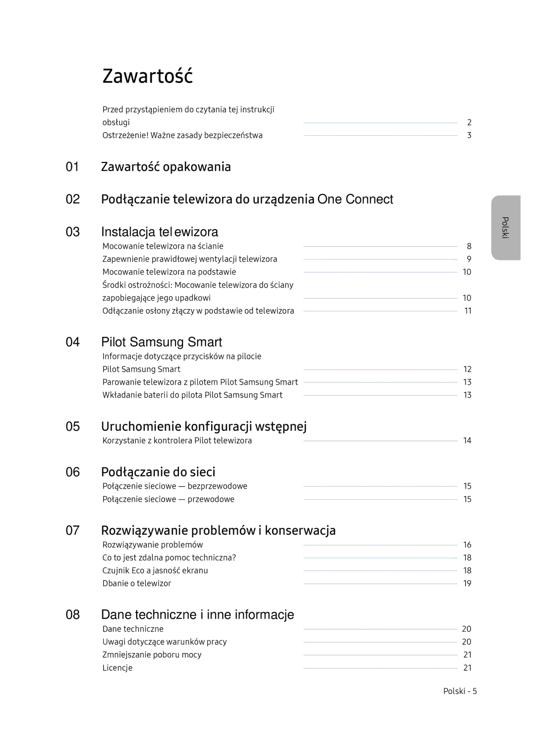 Samsung QE55Q7FNATXXH manual Zawartość, Pilot Samsung Smart, Uruchomienie konfiguracji wstępnej, Podłączanie do sieci 