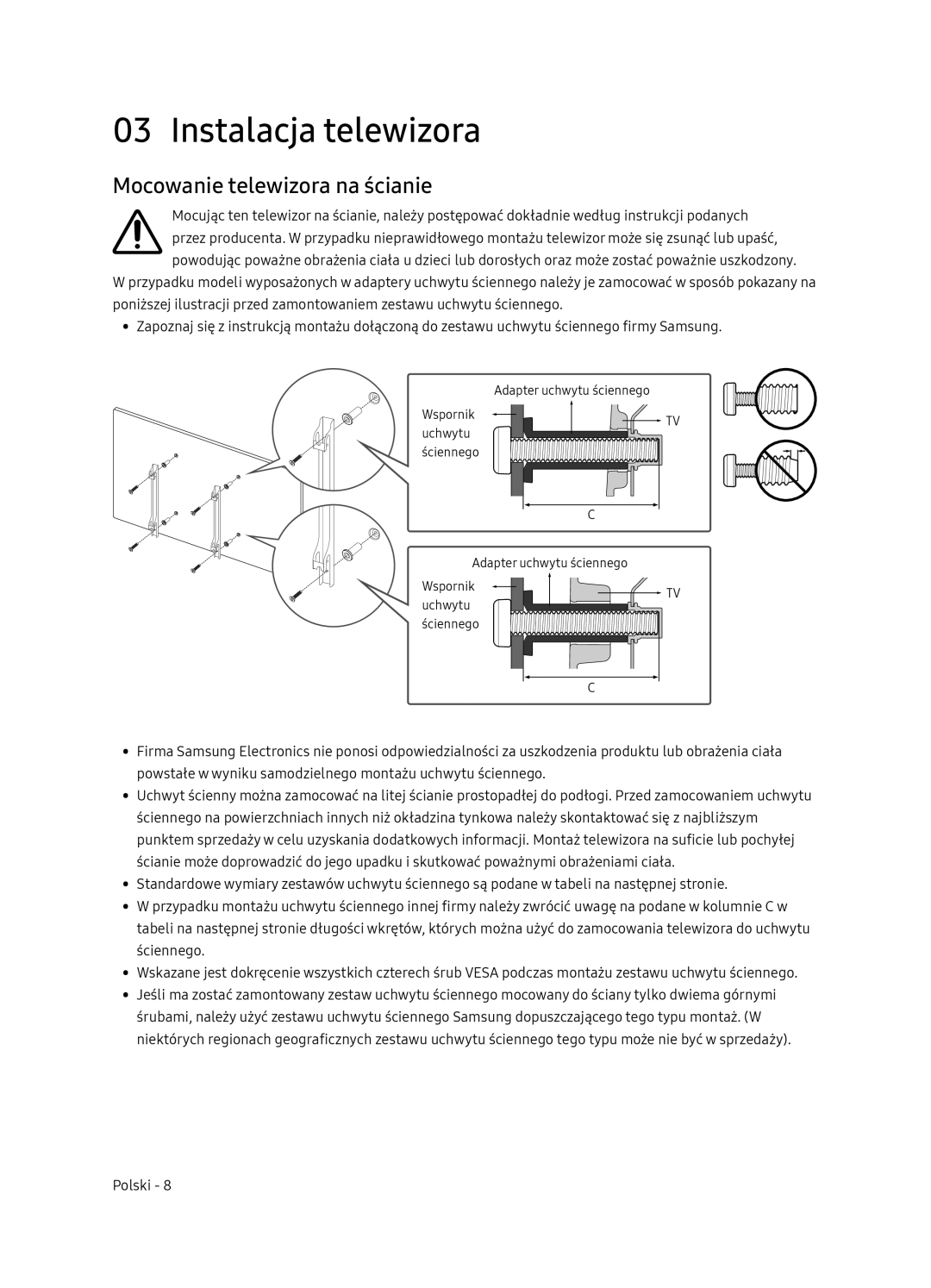 Samsung QE55Q7FNATXXH, QE75Q7FNATXXH, QE65Q7FNATXXH manual Instalacja telewizora, Mocowanie telewizora na ścianie 