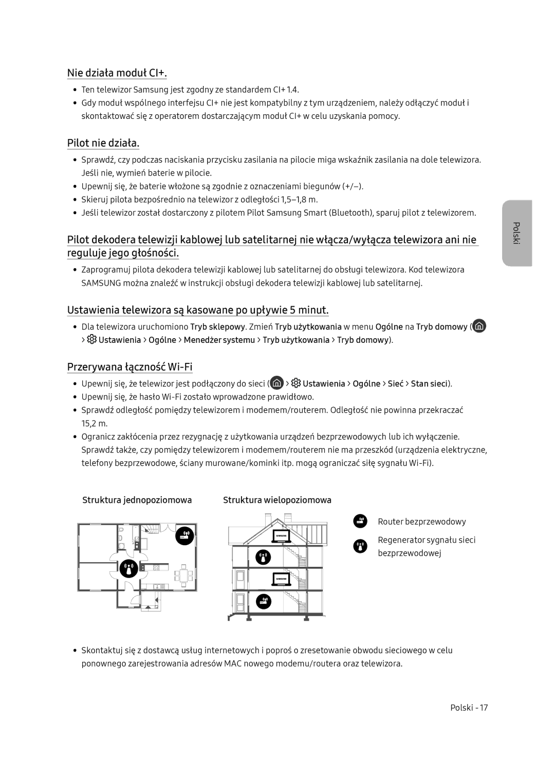 Samsung QE55Q7FNATXXH manual Nie działa moduł CI+, Pilot nie działa, Ustawienia telewizora są kasowane po upływie 5 minut 