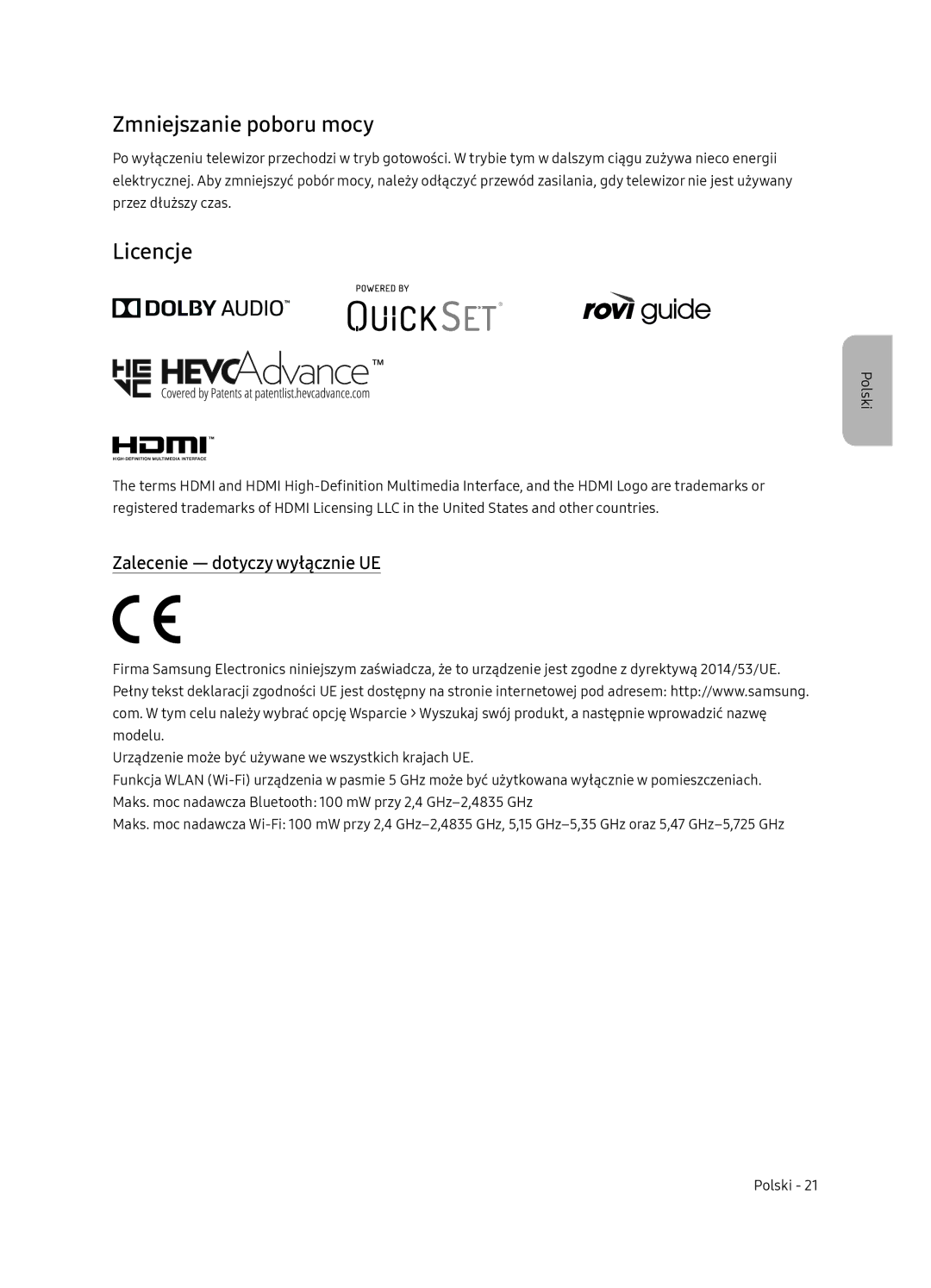 Samsung QE65Q7FNATXXH, QE75Q7FNATXXH, QE55Q7FNATXXH manual Zmniejszanie poboru mocy, Licencje, Zalecenie dotyczy wyłącznie UE 