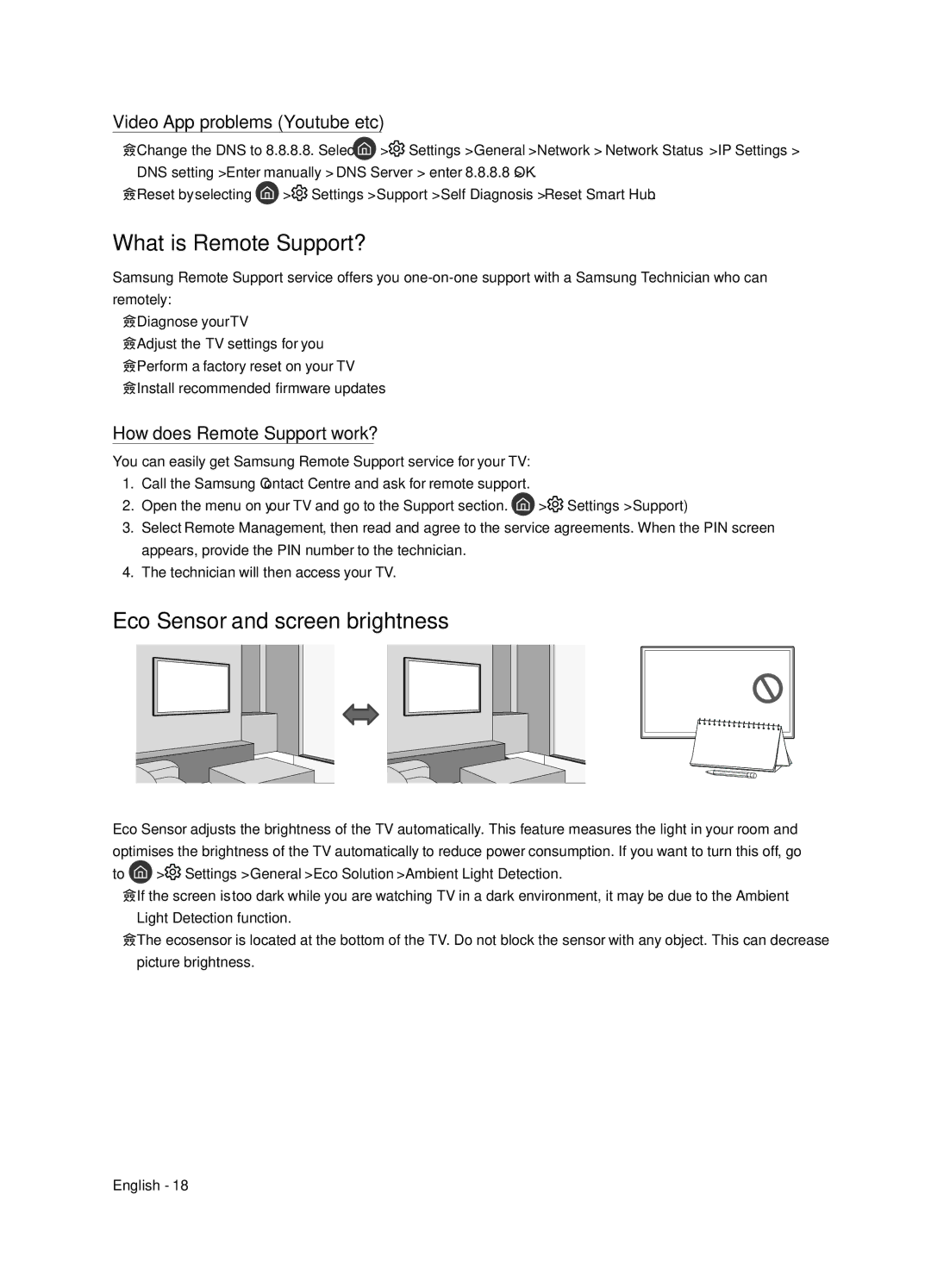 Samsung QE75Q7FNATXXH manual What is Remote Support?, Eco Sensor and screen brightness, Video App problems Youtube etc 