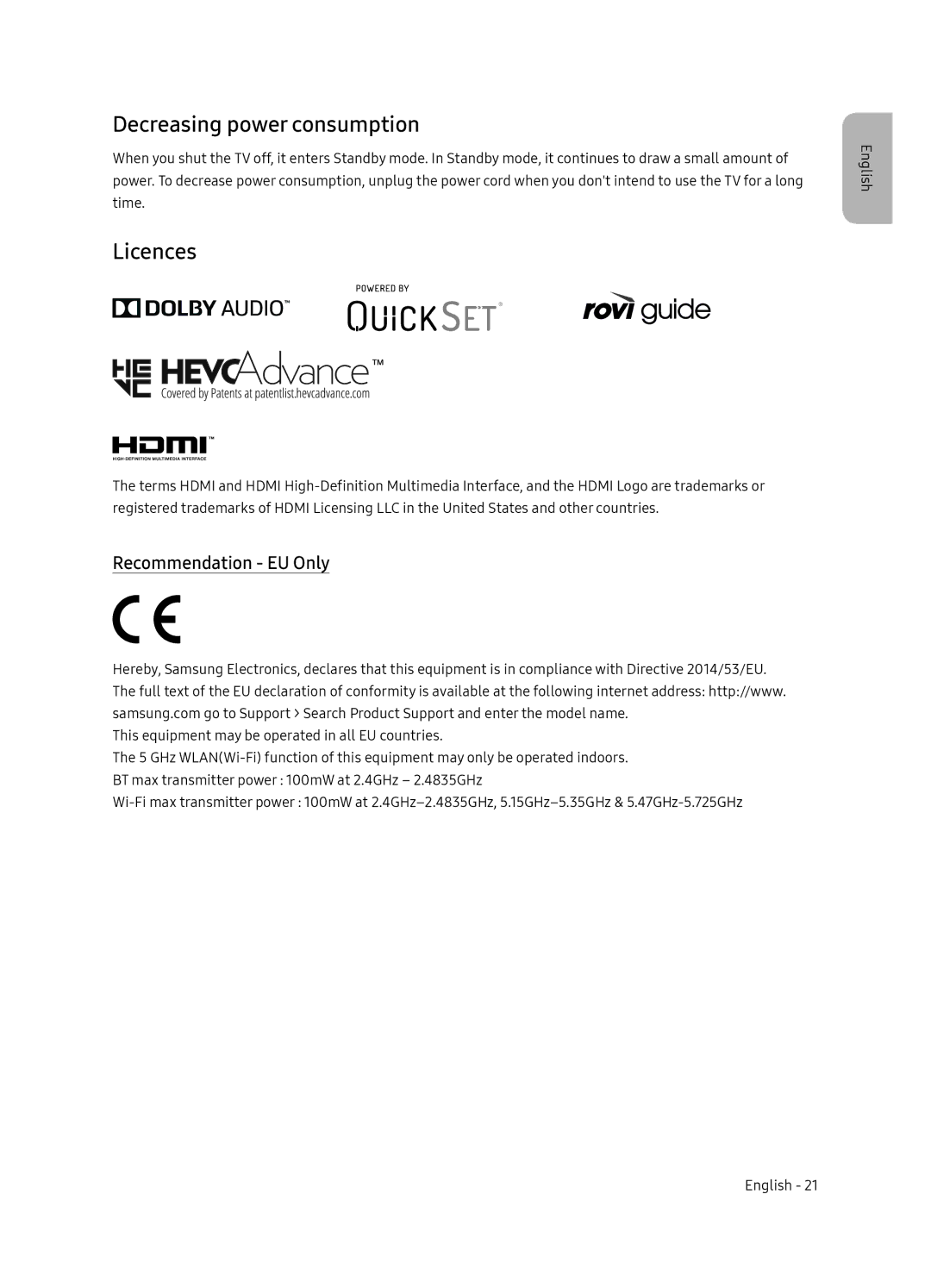 Samsung QE75Q7FNATXXH, QE55Q7FNATXXH, QE65Q7FNATXXH manual Decreasing power consumption, Licences, Recommendation EU Only 