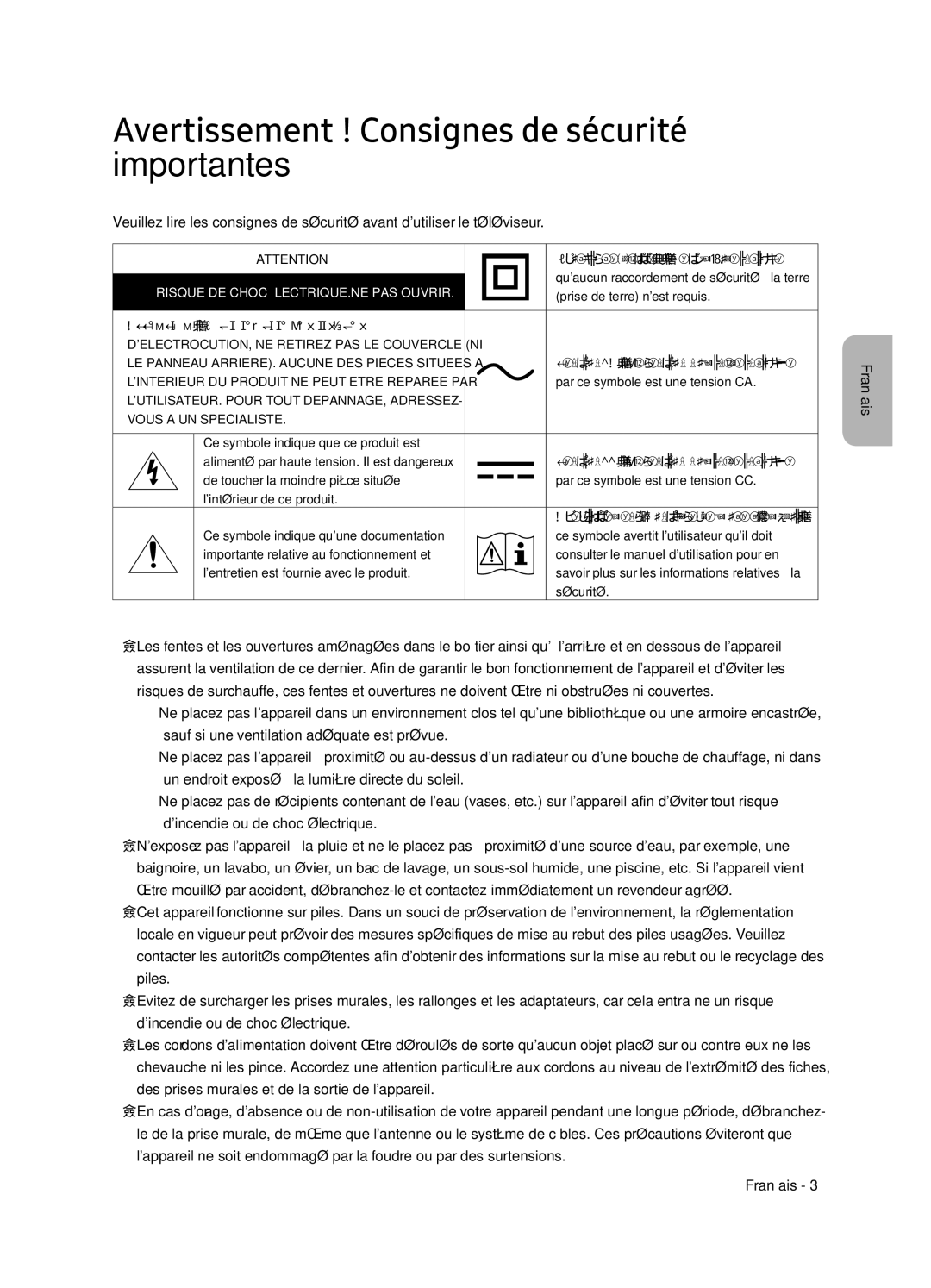 Samsung QE65Q7FNATXXH manual Avertissement ! Consignes de sécurité importantes, Risque DE Choc ÉLECTRIQUE.NE PAS Ouvrir 